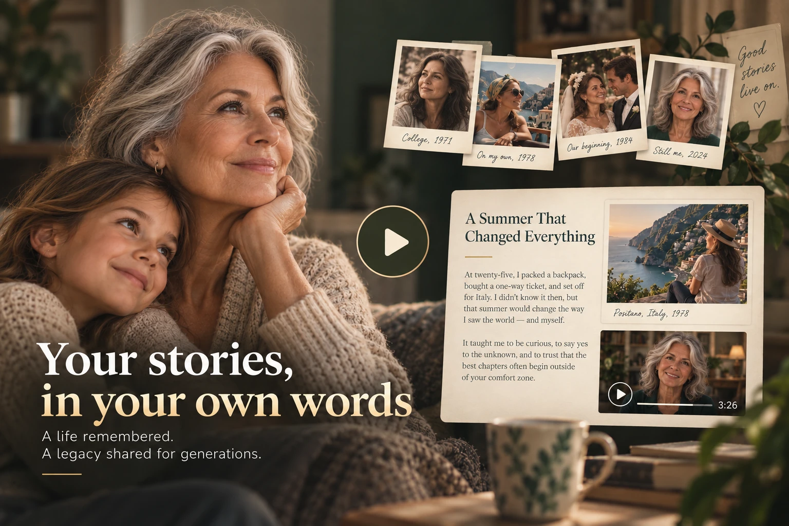 A grandmother and child beside a visual collection of family photographs and a written Story