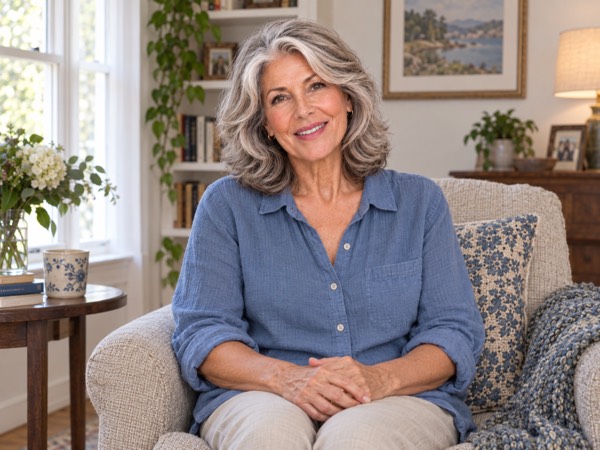 Maya in a blue blouse, seated at home with her hands resting in her lap