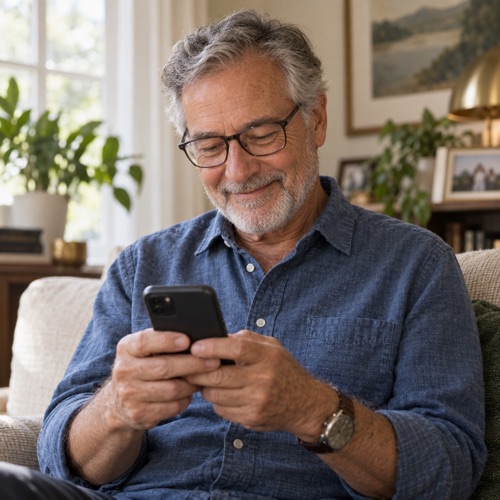 A family member smiling while reading a Story on his phone