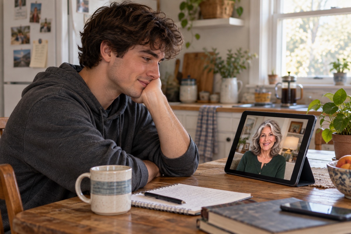 A young man listening to a recorded family message at his kitchen table