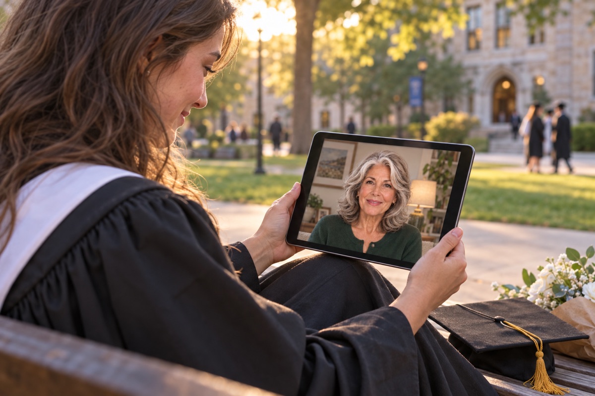 A young woman listening to a recorded family message on graduation day